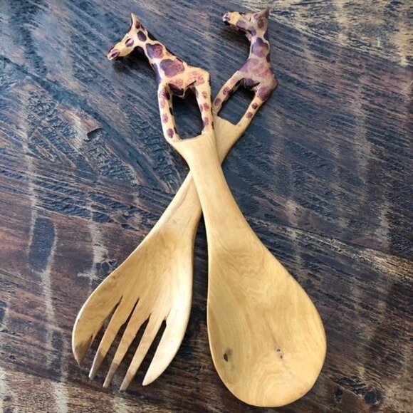Giraffe Wooden Serving Utensils Hand Carved - Picture 2 of 9
